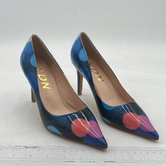 YDN Navy Polka Dot Chic Pointed Closed Toe Stiletto Heel Pump Slide Dress Shoes - Picture 4 of 8